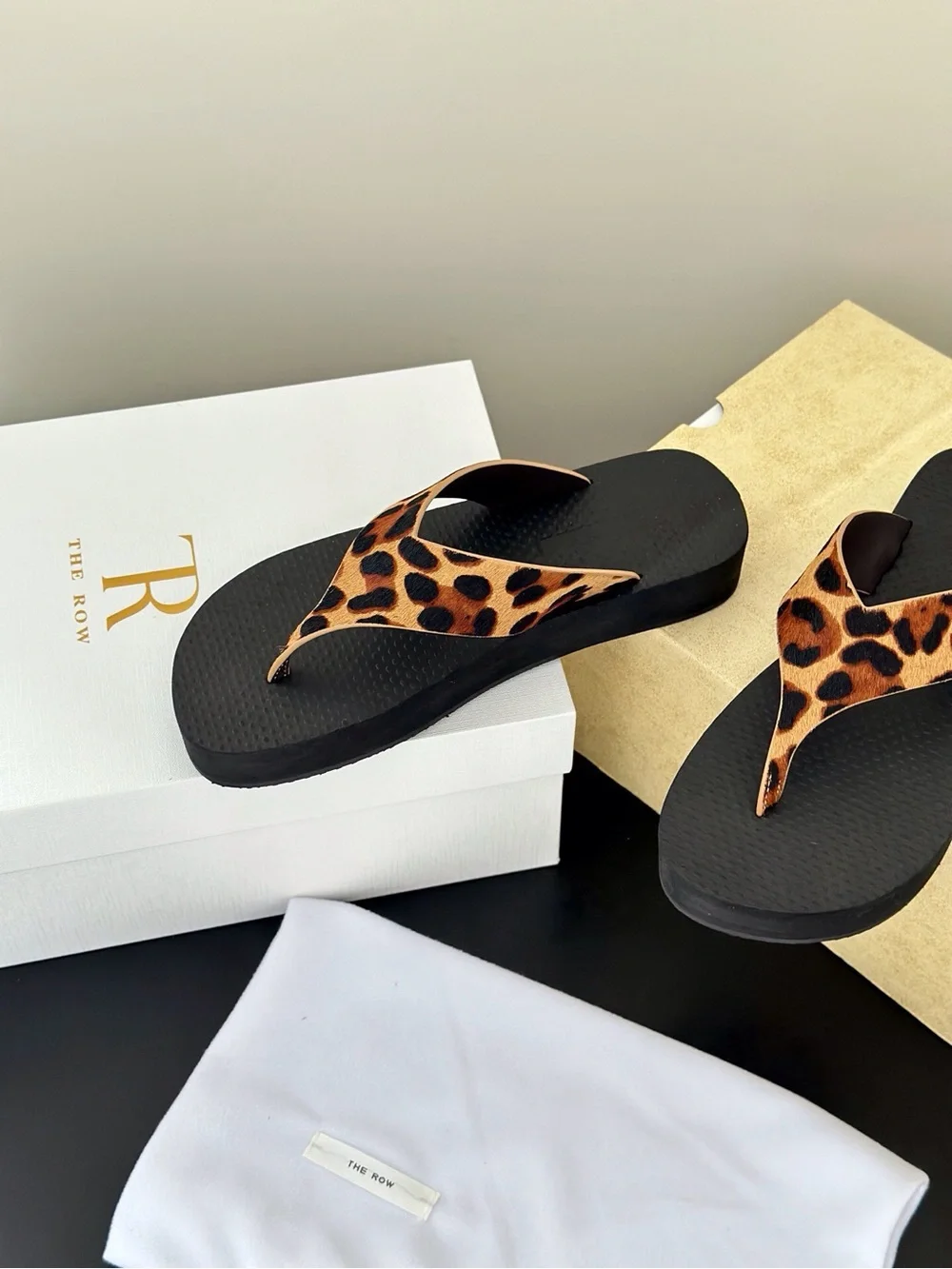 The Row Leopard-Print Thong Sandals with Black Footbed